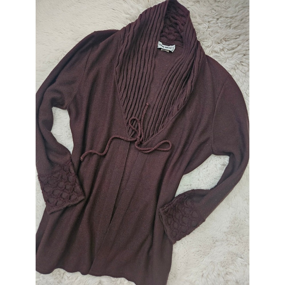 Vtg San Remo By Laura Knits Brown Honeycomb Shawl Collar Tie Front Cardigan